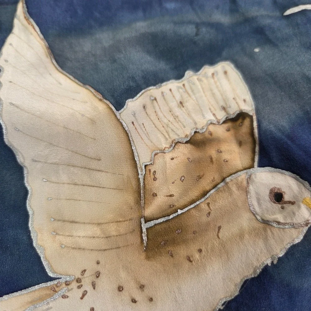 Hand painted silk scarf one of a kind Barn‎ Owl Nature Signed 65X15 Handmade